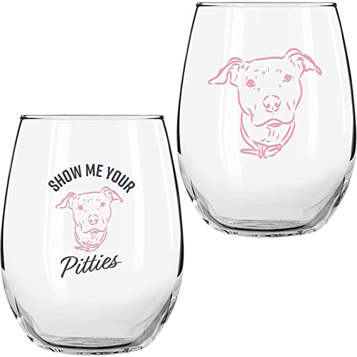 Wine Pitbull Gift for Pitbull Lovers - "Show Me Your Pitties" Colored Stemless Wine Glass Set of 2 - Funny Pit Bull Dog Lover Gift for Mom Grandma - Cute Pet Wine Glass for Women by On The Rox Drinks