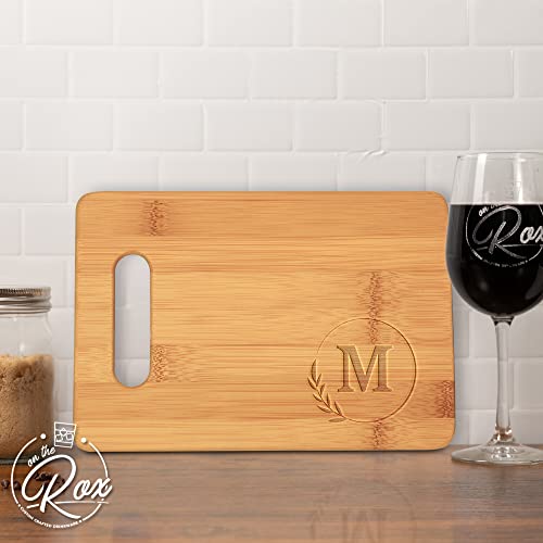 On The Rox Monogrammed Cutting Boards - 9” x 12” A to Z Personalized Engraved Bamboo Board (M) - Large Customized Wood Cutting Board with Initials - Wooden Custom Charcuterie Board Kitchen Gifts