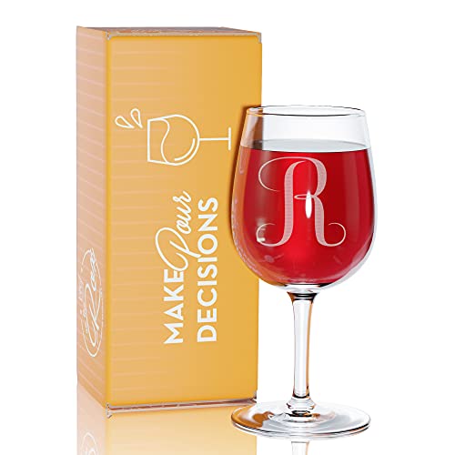 On The Rox Drinks Monogrammed Gifts for Women - A-Z Personalized Wine Glasses Engraved- 12.75 Oz (R)