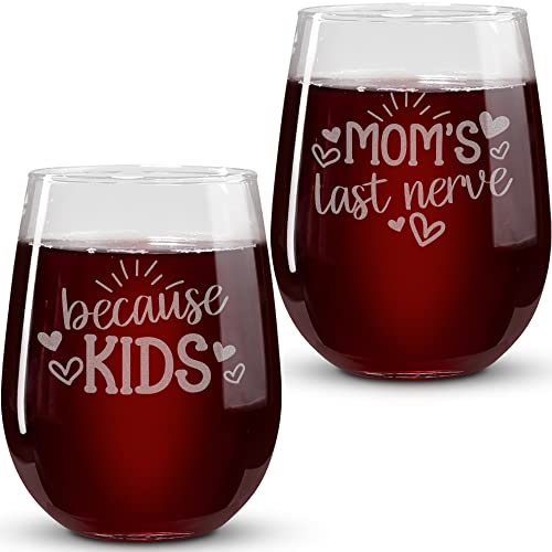 On The Rox Drinks Wine Gifts for Moms - 17oz Because Kids and Mom’s Last Nerve Stemless Wine Glass Set of 2