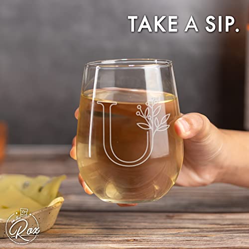 On The Rox Drinks Monogrammed Gifts For Women and Men - Letter A-Z Initial Engraved Monogram Stemless Wine Glass - 17 Oz Personalized Wine Glifts For Women and Men (U)
