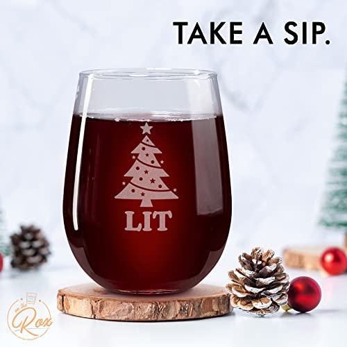 “Baked, Lit, Bottoms Up, Blitzened” Holiday Stemless Wine Glass Set of 4 - Christmas Cocktail Glasses and Drinkware by On The Rox Drinks