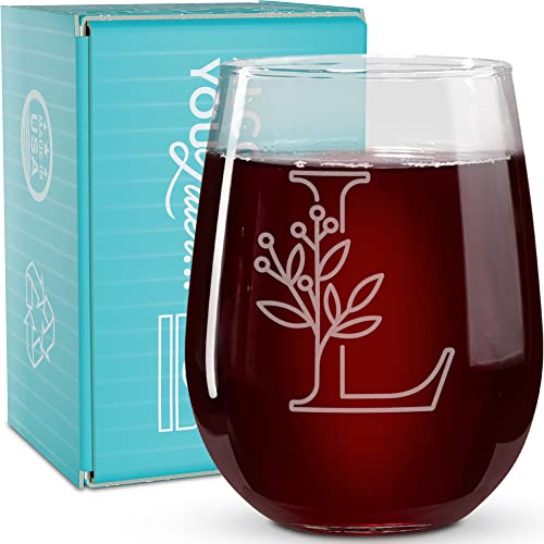 On The Rox Drinks Monogrammed Gifts For Women and Men - Letter A-Z Initial Engraved Monogram Stemless Wine Glass - 17 Oz Personalized Wine Glifts For Women and Men (L)