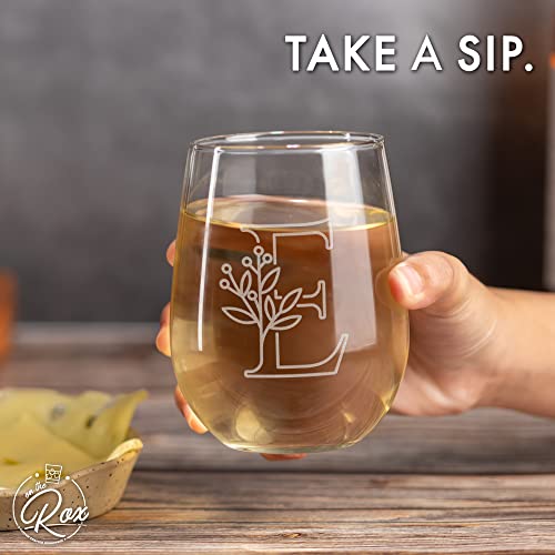 On The Rox Drinks Monogrammed Gifts For Women and Men - Letter A-Z Initial Engraved Monogram Stemless Wine Glass - 17 Oz Personalized Wine Glifts For Women and Men (E)