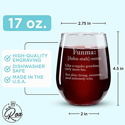 On The Rox Drinks Wine Gifts for Grandmothers- 17 Oz Funma: Like A Regular Grandma, Only More Fun Engraved Stemless Wine Glass