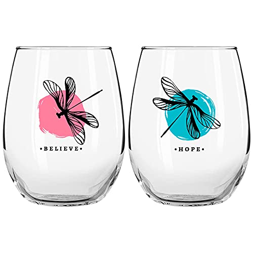 Dragonfly Gifts for Women - Stemless Wine Glass 2 Pc Set - 17 Oz