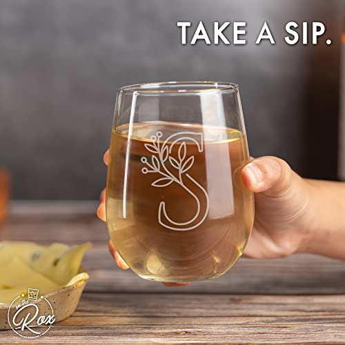 On The Rox Drinks Monogrammed Gifts For Women and Men - Letter A-Z Initial Engraved Monogram Stemless Wine Glass - 17 Oz Personalized Wine Glifts For Women and Men (S)