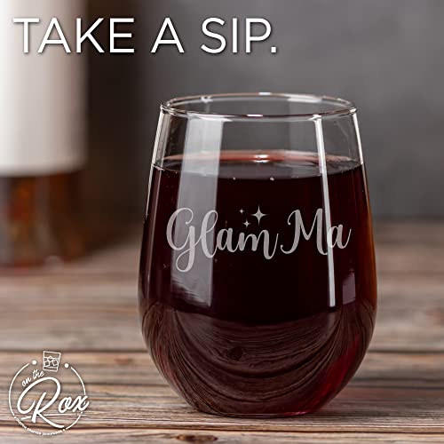 On The Rox Drinks Wine Gifts for Grandma- 17 Oz Glam Ma Engraved Stemless Wine Glass