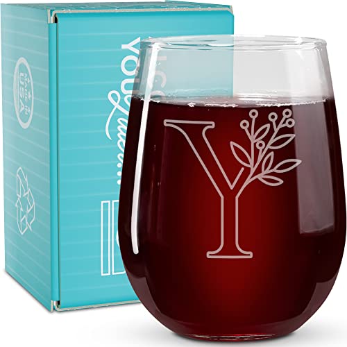 On The Rox Drinks Monogrammed Gifts For Women and Men - Letter A-Z Initial Engraved Monogram Stemless Wine Glass - 17 Oz Personalized Wine Glifts For Women and Men (Y)