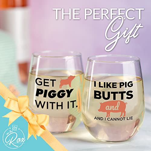 Pig Gifts for Pig Lovers - “Get Piggy With It” “I Like Pig Butts and I Cannot Lie” 17 Oz 2PC Stemless Wine Glass Set, Colored - Pig Glasses for Women - Pig Cup, Pig Mug - Pig Themed Glasses