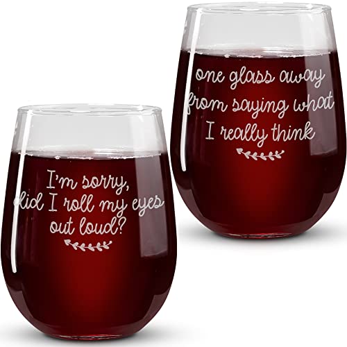 On The Rox Drinks Wine Gifts for Moms - 17oz “One Glass Away” and “Roll Eyes Stemless Wine Glass Set of 2