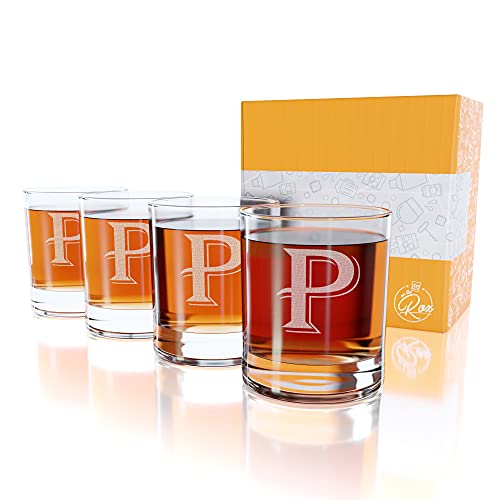 Monogrammed Gifts for Men - 4PC 11 Oz Custom Whiskey Glasses (P-Monogram) - Engraved Whiskey Glasses - Personalized Whiskey Glasses - Unique Bourbon Glasses - Personalized Glass Gifts for Dad