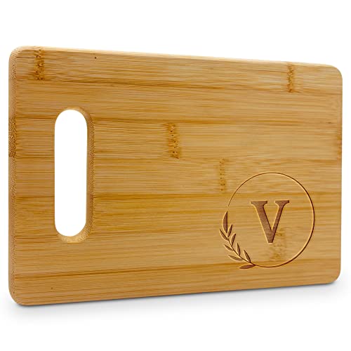 On The Rox Monogrammed Cutting Boards - 9” x 12” A to Z Personalized Engraved Bamboo Board (V) - Large Customized Wood Cutting Board with Initials - Wooden Custom Charcuterie Board Kitchen Gifts