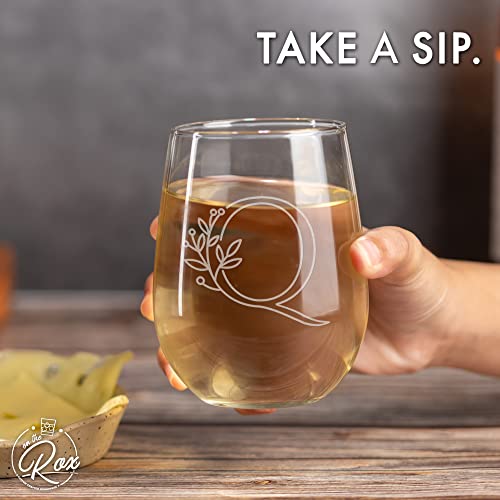 On The Rox Drinks Monogrammed Gifts For Women and Men - Letter A-Z Initial Engraved Monogram Stemless Wine Glass - 17 Oz Personalized Wine Glifts For Women and Men (Q)