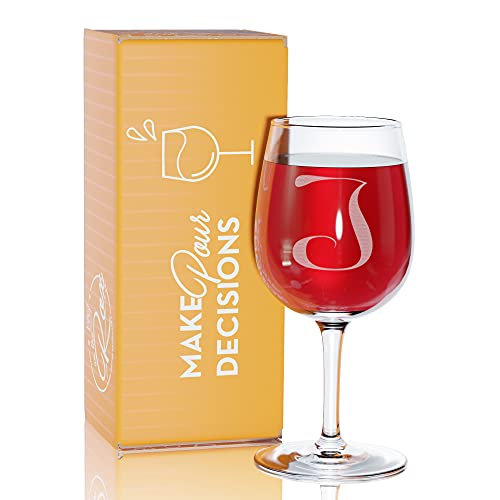On The Rox Drinks Monogrammed Gifts for Women - A-Z Personalized Wine Glasses Engraved- 12.75 Oz (J)