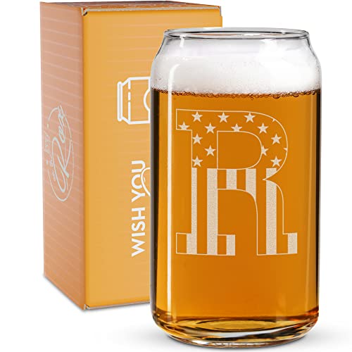 Monogram Beer Glasses for Men (A-Z) 16 oz - Beer Gifts for Men Brother Son Dad Neighbor - Unique Gifts for Him - Personalized Drinking Gift Beer Glass Mugs - Engraved Beer Can Glass ( R )