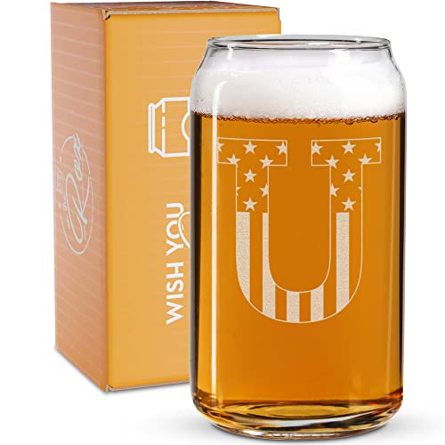 Monogram Beer Glasses for Men (A-Z) 16 oz - Beer Gifts for Men Brother Son Dad Neighbor - Unique Gifts for Him - Personalized Drinking Gift Beer Glass Mugs - Engraved Beer Can Glass ( U )
