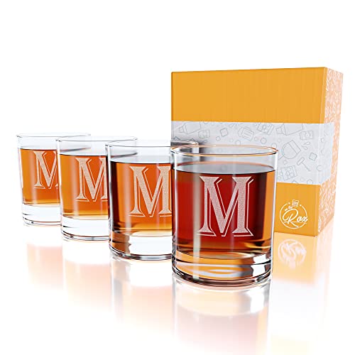 Monogrammed Gifts for Men - 4PC 11 Oz Custom Whiskey Glasses (M-Monogram) - Engraved Whiskey Glasses - Personalized Whiskey Glasses - Unique Bourbon Glasses - Personalized Glass Gifts for Dad