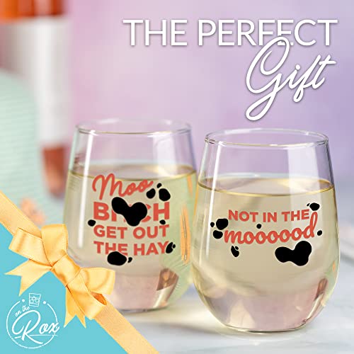Fun Cow Gifts for Cow Lovers - "Not In The Mood" "Moo, B***h Get Out The Hay" 17 Oz 2PC Stemless Wine Glass Set, Colored - Fun Cow Glasses - Cute Cow Stuff, Cow Cups - Cow Themed Gifts for Women