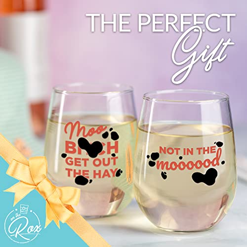 Fun Cow Gifts for Cow Lovers - Not in The Mood Moo, B***h Get Out The Hay 17 oz 2pc Stemless Wine Glass Set, Colored - Fun Cow Glasses - Cute