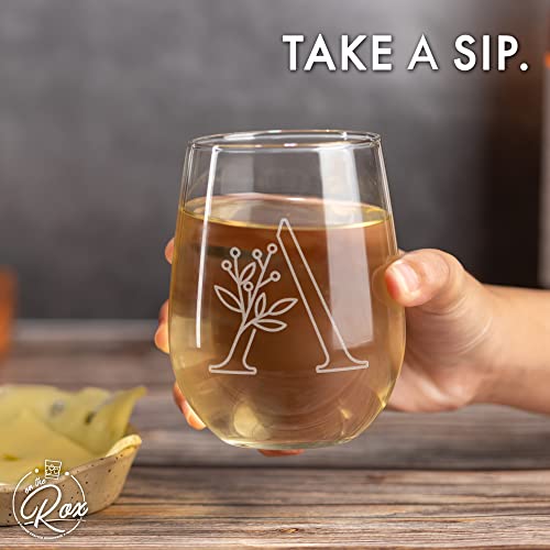 On The Rox Drinks Monogrammed Gifts For Women and Men - Letter A-Z Initial Engraved Monogram Stemless Wine Glass - 17 Oz Personalized Wine Glifts For Women and Men (A)