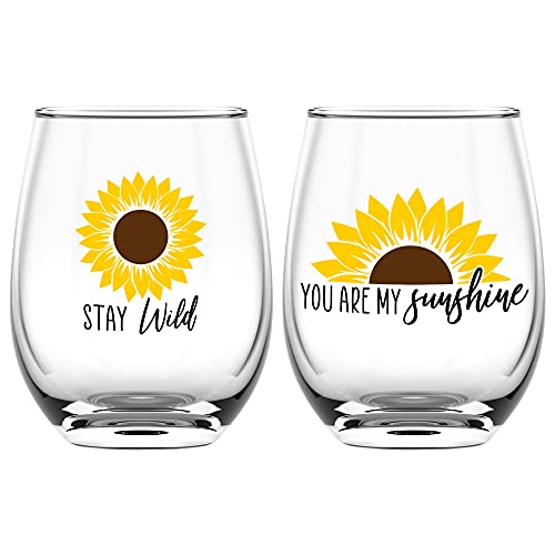 Sunflower Wine Glasses Set of 2 - You Are My Sunshine - 17 Oz