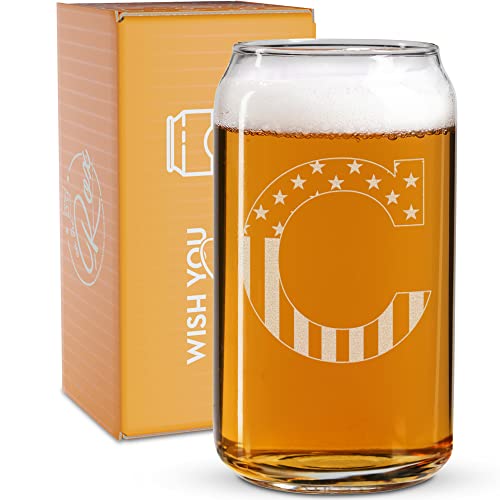 Monogram Beer Glasses for Men (A-Z) 16 oz - Beer Gifts for Men Brother Son Dad Neighbor - Unique Gifts for Him - Personalized Drinking Gift Beer Glass Mugs - Engraved Beer Can Glass ( C )