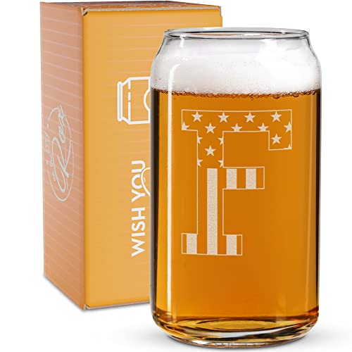 Monogram Beer Glasses for Men (A-Z) 16 oz - Beer Gifts for Men Brother Son Dad Neighbor - Unique Gifts for Him - Personalized Drinking Gift Beer Glass Mugs - Engraved Beer Can Glass ( F )
