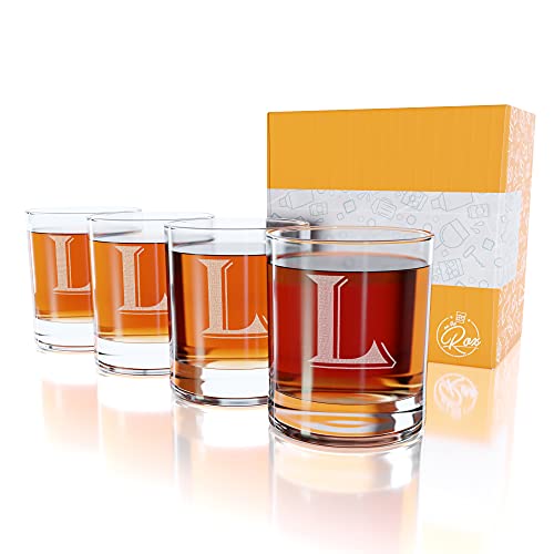 Monogrammed Gifts for Men - 4PC 11 Oz Custom Whiskey Glasses (L-Monogram) - Engraved Whiskey Glasses - Personalized Whiskey Glasses - Unique Bourbon Glasses - Personalized Glass Gifts for Dad
