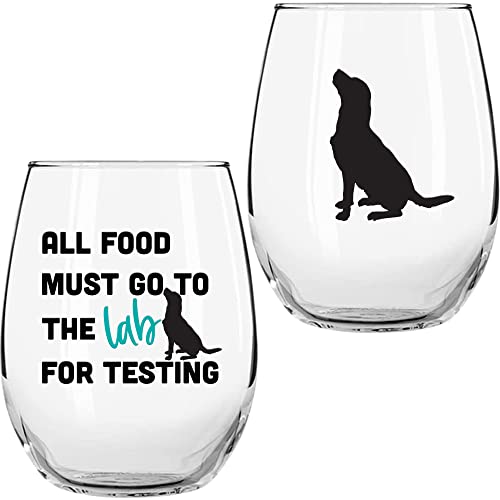 Labrador Gifts for Labrador Lovers- "All Food Must Go To The Lab For Testing" Colored Stemless Wine Glass Set of 2 - Chocolate Lab Wine Glass - Dog Face, Black Labrador Gifts by On The Rox Drinks