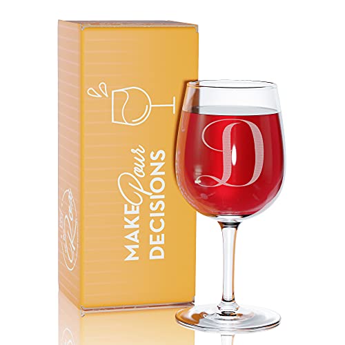 On The Rox Drinks Monogrammed Gifts for Women - A-Z Personalized Wine Glasses Engraved- 12.75 Oz (D)