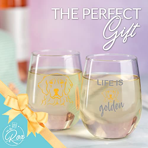 Golden Retriever Gifts for Dog Lovers - "Life Is Golden" Colored Stemless Wine Glass Set of 2 - Cute Dog Face Glasses for Women - Funny Tumbler, Cup for Pet Lovers by On The Rox Drinks
