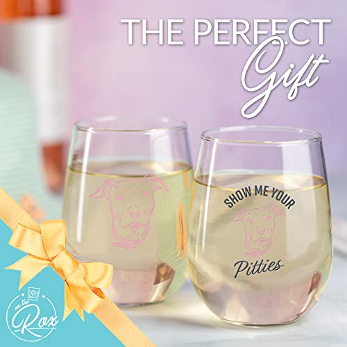 Wine Pitbull Gift for Pitbull Lovers - "Show Me Your Pitties" Colored Stemless Wine Glass Set of 2 - Funny Pit Bull Dog Lover Gift for Mom Grandma - Cute Pet Wine Glass for Women by On The Rox Drinks