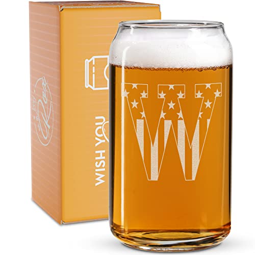 Monogram Beer Glasses for Men (A-Z) 16 oz - Beer Gifts for Men Brother Son Dad Neighbor - Unique Gifts for Him - Personalized Drinking Gift Beer Glass Mugs - Engraved Beer Can Glass ( W )
