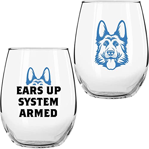 German Shepherd Gifts for Dog Lovers - "Ears Up System Armed" Colored Stemless Wine Glass Set of 2 - Funny Dog Wine Glasses for Men and Women by On The Rox Drinks