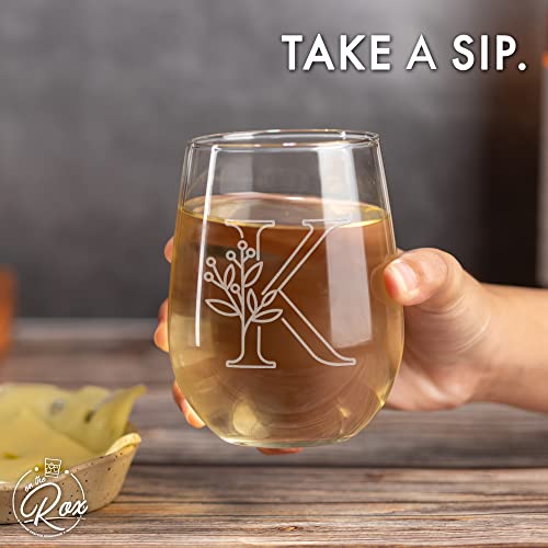 On The Rox Drinks Monogrammed Gifts For Women and Men - Letter A-Z Initial Engraved Monogram Stemless Wine Glass - 17 Oz Personalized Wine Gifts For Women and Men (K)