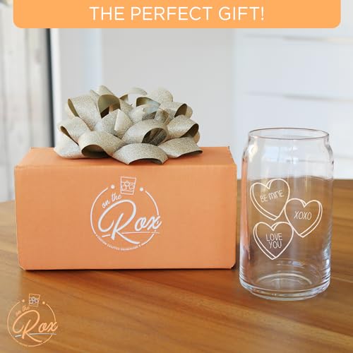 On The Rox Drinks Valentines Day Gift For Him Her Engraved 16oz Beer Soda Can Glass - Set of 1 (Candy Hearts)