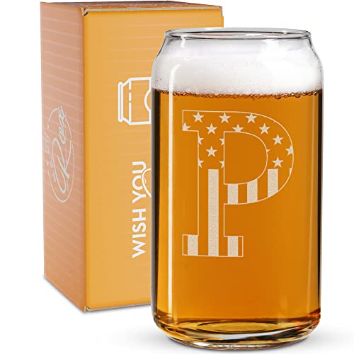 Monogram Beer Glasses for Men (A-Z) 16 oz - Beer Gifts for Men Brother Son Dad Neighbor - Unique Gifts for Him - Personalized Drinking Gift Beer Glass Mugs - Engraved Beer Can Glass ( P )