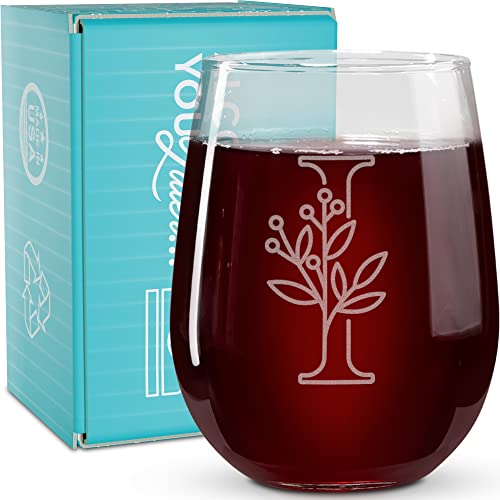 On The Rox Drinks Monogrammed Gifts For Women and Men - Letter A-Z Initial Engraved Monogram Stemless Wine Glass - 17 Oz Personalized Wine Glifts For Women and Men (I)