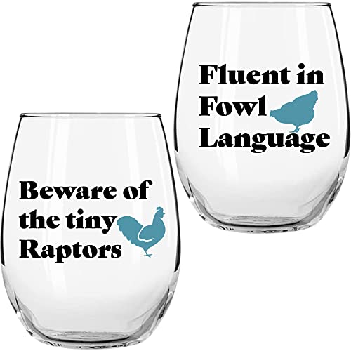 Funny Chicken Gifts for Chicken Lovers - “Beware of the Tiny Raptors” “Fluent in Fowl Language” 17Oz 2PC Stemless Wine Glass Set, Colored - Funny Chicken Glasses - Chicken Gifts for Women