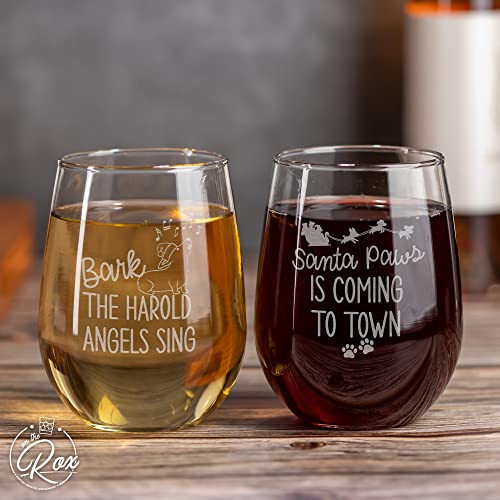 on The Rox Drinks Funny Christmas Wine Glasses - Dog Holiday Stemless Wine Glass Set of 4 - Wine Holiday Gifts for Her - Christmas Cocktail Glasses
