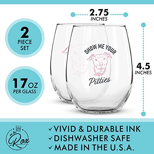 Wine Pitbull Gift for Pitbull Lovers - "Show Me Your Pitties" Colored Stemless Wine Glass Set of 2 - Funny Pit Bull Dog Lover Gift for Mom Grandma - Cute Pet Wine Glass for Women by On The Rox Drinks