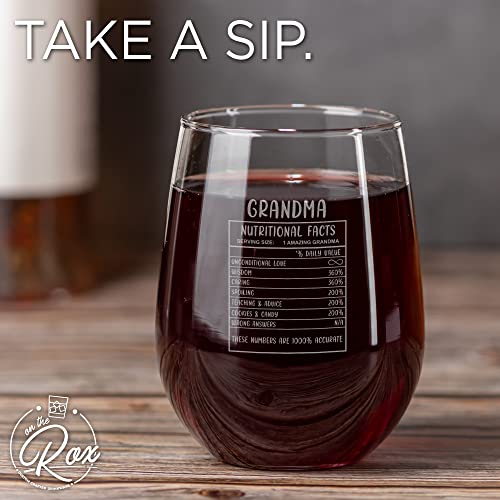 On The Rox Drinks Wine Gifts for Grandmother - 17 Oz Grandma Nutritional Facts Engraved Stemless Wine Glass