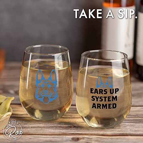 German Shepherd Gifts for Dog Lovers - "Ears Up System Armed" Colored Stemless Wine Glass Set of 2 - Funny Dog Wine Glasses for Men and Women by On The Rox Drinks