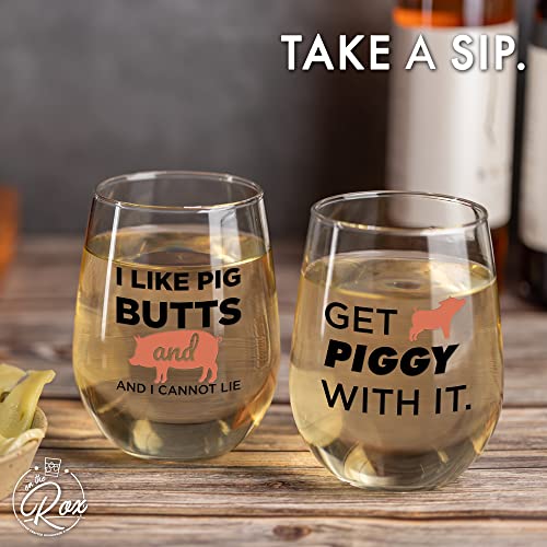 Pig Gifts for Pig Lovers - “Get Piggy With It” “I Like Pig Butts and I Cannot Lie” 17 Oz 2PC Stemless Wine Glass Set, Colored - Pig Glasses for Women - Pig Cup, Pig Mug - Pig Themed Glasses