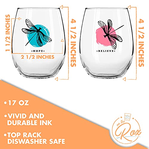 Dragonfly Gifts for Women - Stemless Wine Glass 2 Pc Set - 17 Oz