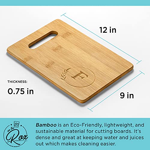 On The Rox Monogrammed Cutting Boards - 9” x 12” A to Z Personalized Engraved Bamboo Board (F) - Large Customized Wood Cutting Board with Initials - Wooden Custom Charcuterie Board Kitchen Gifts
