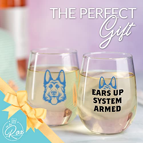 German Shepherd Gifts for Dog Lovers - "Ears Up System Armed" Colored Stemless Wine Glass Set of 2 - Funny Dog Wine Glasses for Men and Women by On The Rox Drinks