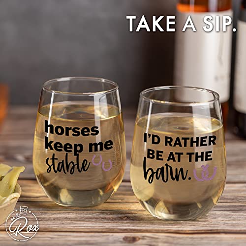 Horse Gifts for Horse Lovers - “Horses Keep Me Stable” “I’d Rather Be At The Barn” 17Oz 2PC Stemless Wine Glass Set, Colored - Funny Horse Gifts For Women - Horse Cup/Tumbler for Horse Lovers