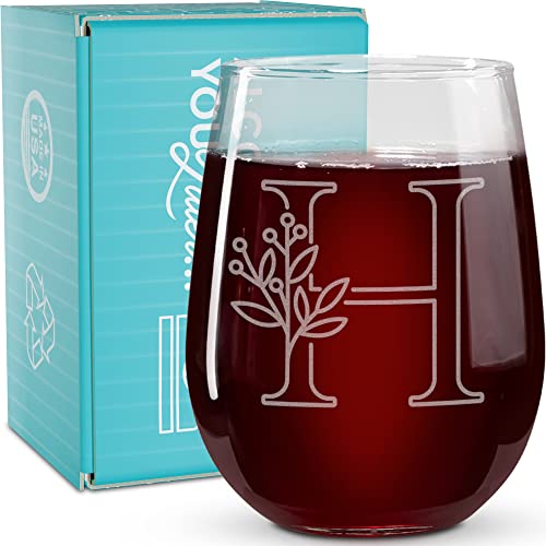 On The Rox Drinks Monogrammed Gifts For Women and Men - Letter A-Z Initial Engraved Monogram Stemless Wine Glass - 17 Oz Personalized Wine Glifts For Women and Men (H)